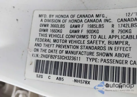 2012 Honda Civic Lx z USA, uszkodzony, nr VIN 2HGFB2F53CH323611